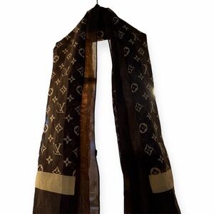 Designer Monogram Sheer Scarf in Brown and Gold